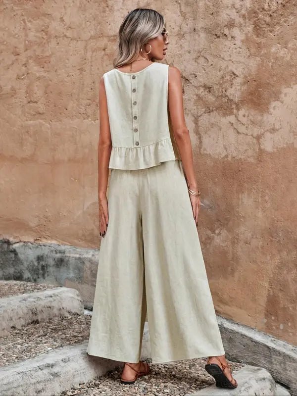 Sleeveless Ruffle Top & Wide Leg Pants Set