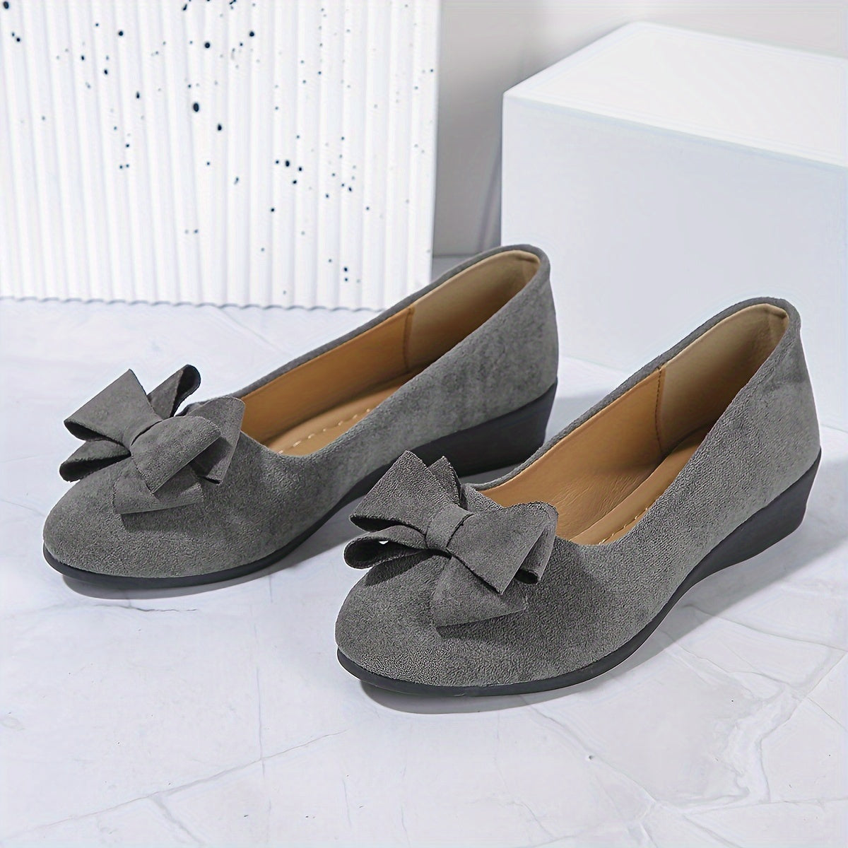 Suede Bow Detail Wedge Ballet Flats