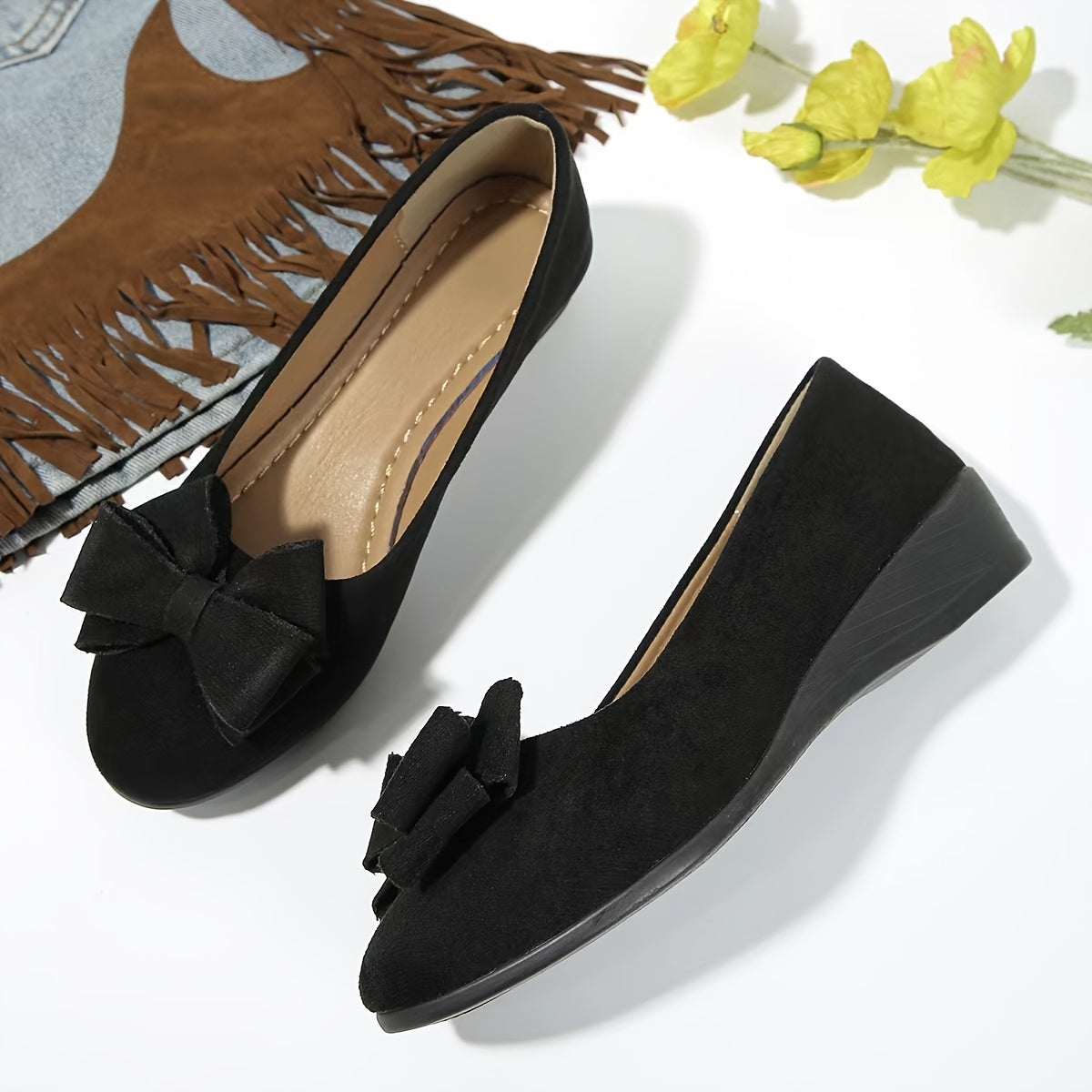 Suede Bow Detail Wedge Ballet Flats