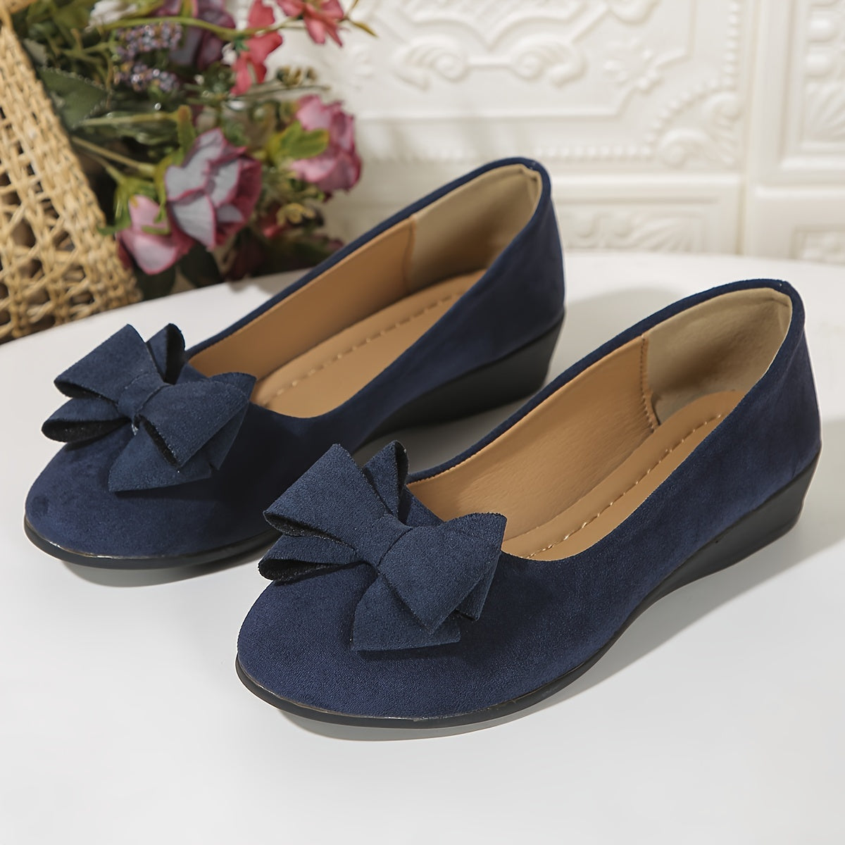 Suede Bow Detail Wedge Ballet Flats