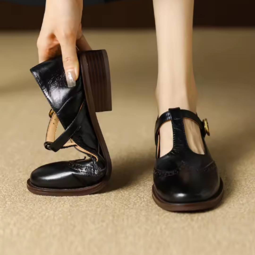Leather T-Strap Low Block Heel Mary Janes