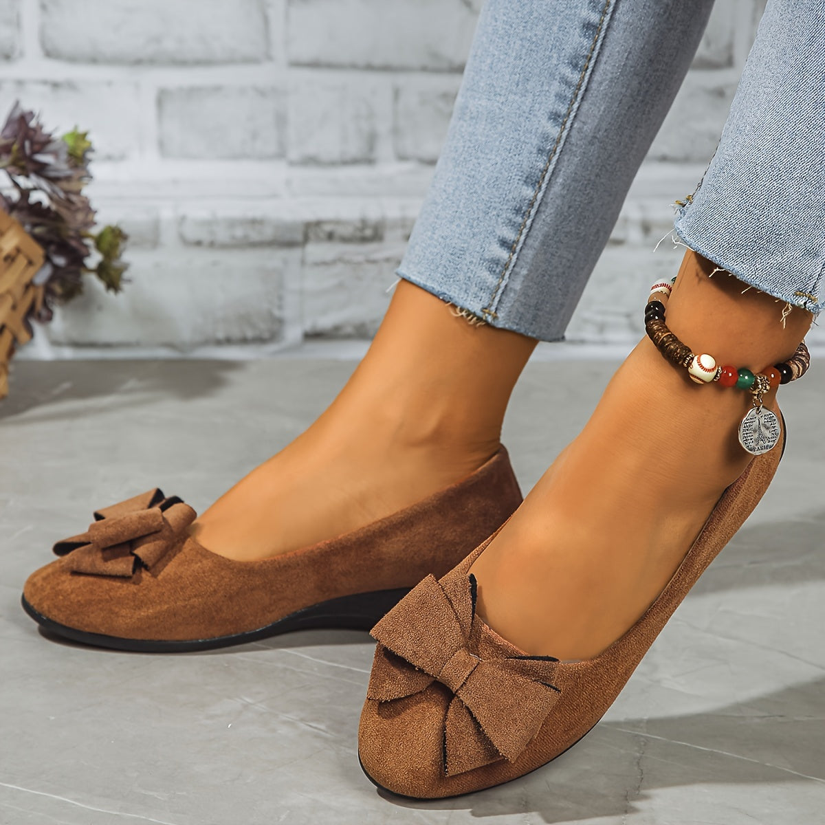 Suede Bow Detail Wedge Ballet Flats