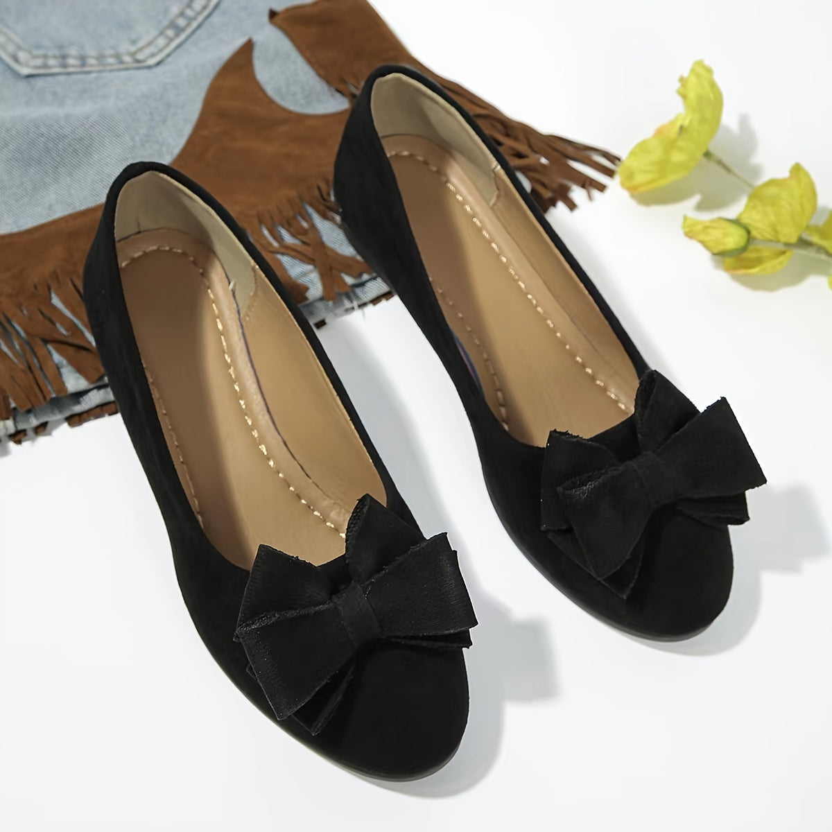 Suede Bow Detail Wedge Ballet Flats