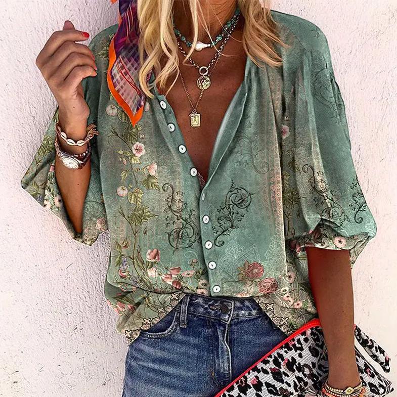 Boho Print Bell Sleeve V-Neck Blouse