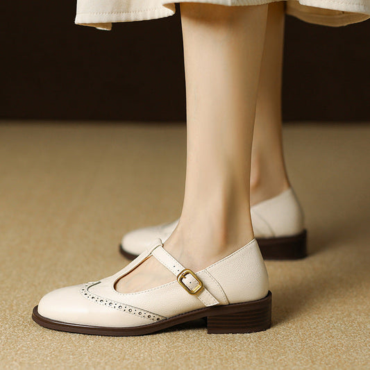Leather T-Strap Low Block Heel Mary Janes