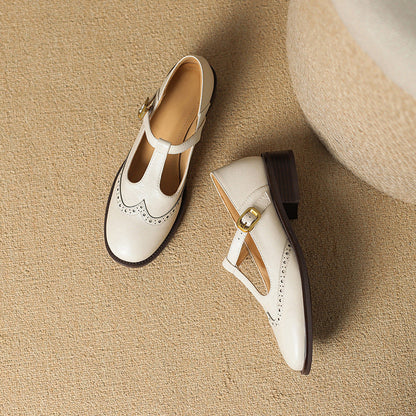 Leather T-Strap Low Block Heel Mary Janes