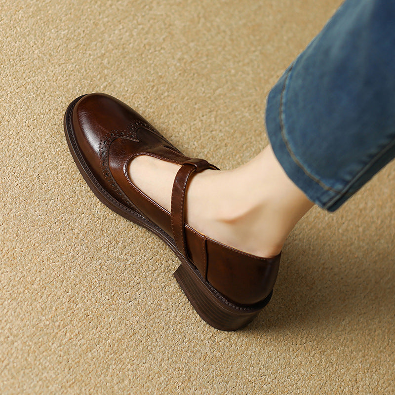 Leather T-Strap Low Block Heel Mary Janes