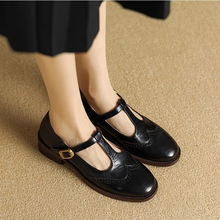 Leather T-Strap Low Block Heel Mary Janes