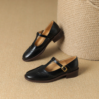 Leather T-Strap Low Block Heel Mary Janes