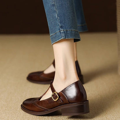 Leather T-Strap Low Block Heel Mary Janes