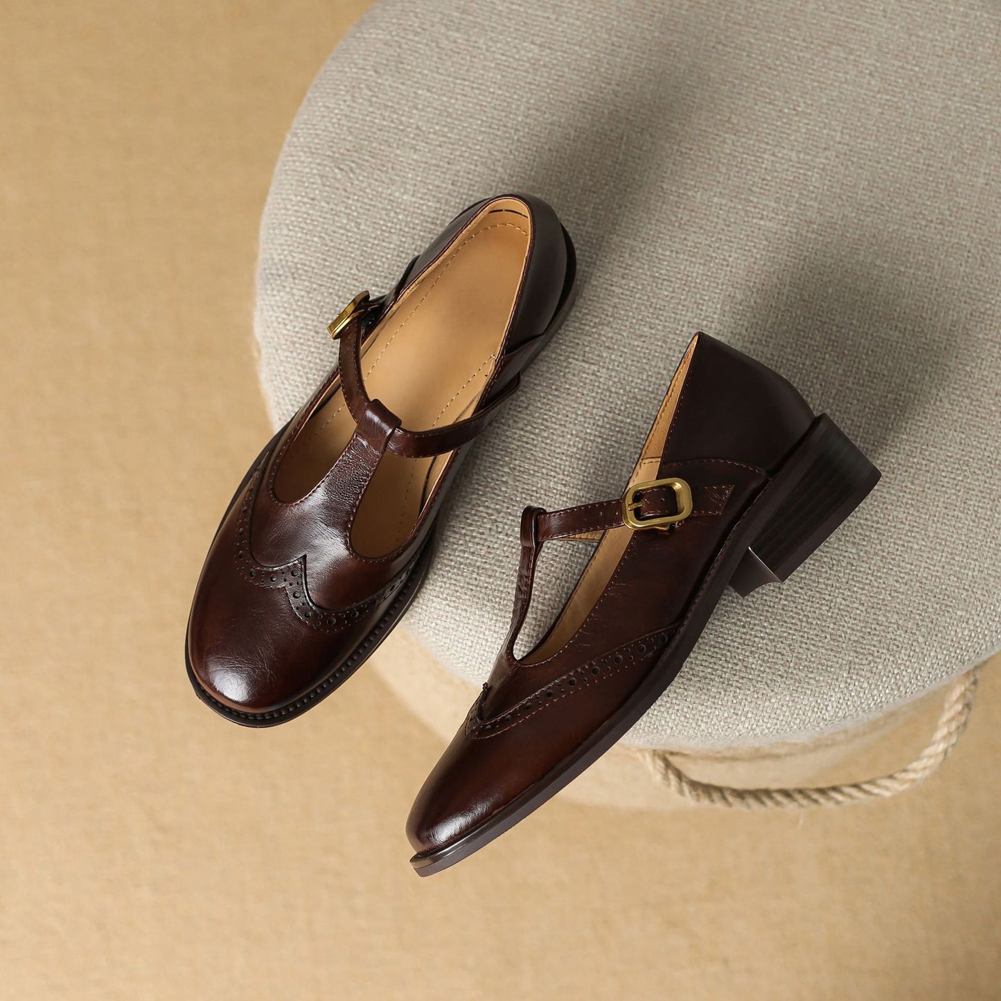 Leather T-Strap Low Block Heel Mary Janes
