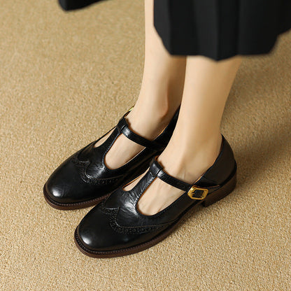 Leather T-Strap Low Block Heel Mary Janes