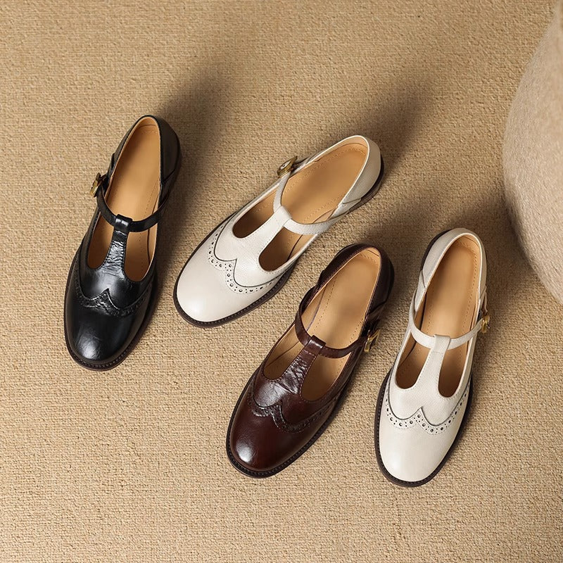 Leather T-Strap Low Block Heel Mary Janes