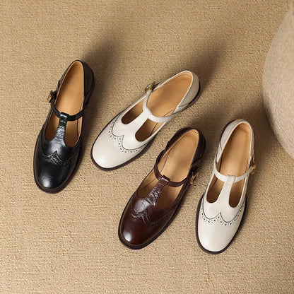 Leather T-Strap Low Block Heel Mary Janes
