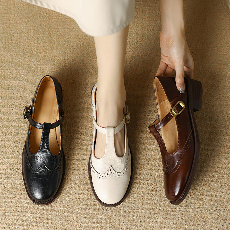 Leather T-Strap Low Block Heel Mary Janes