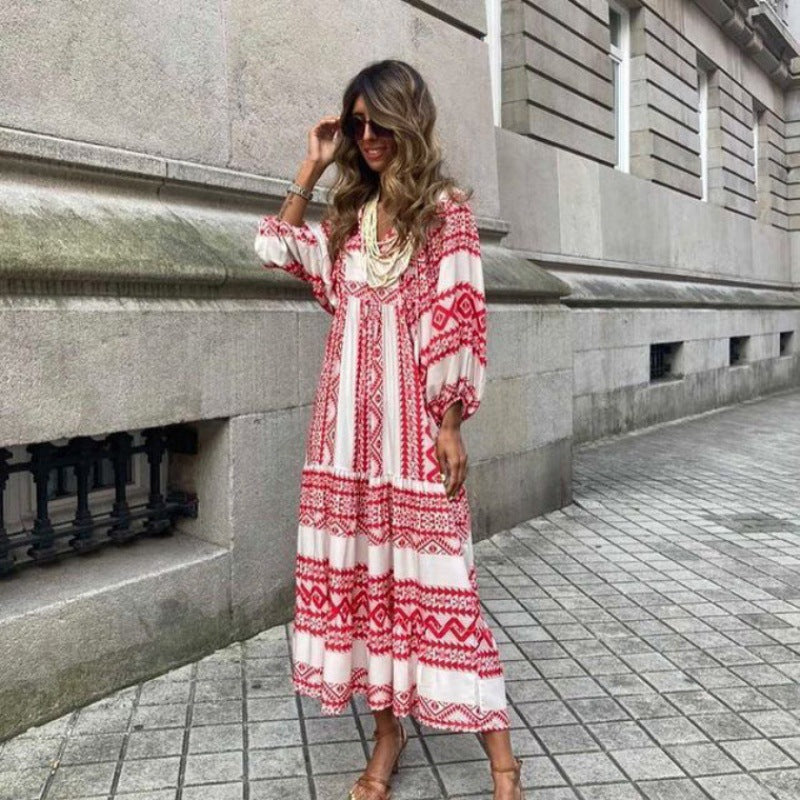 Puff Sleeve Boho Printed V-Neck Maxi Dress