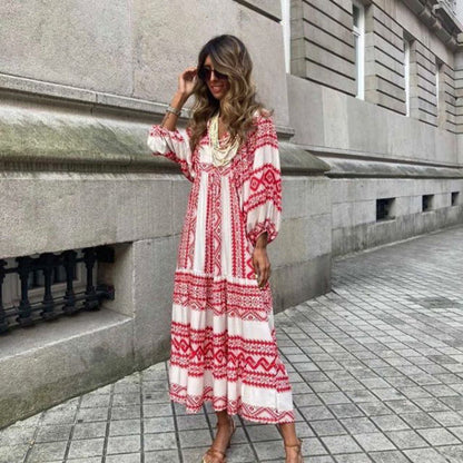 Puff Sleeve Boho Printed V-Neck Maxi Dress