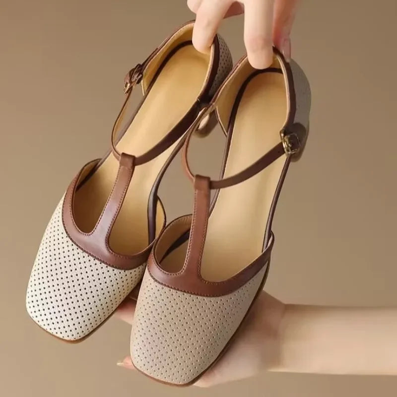 Square Toe T-Strap Block Heel Mid Heel Pumps