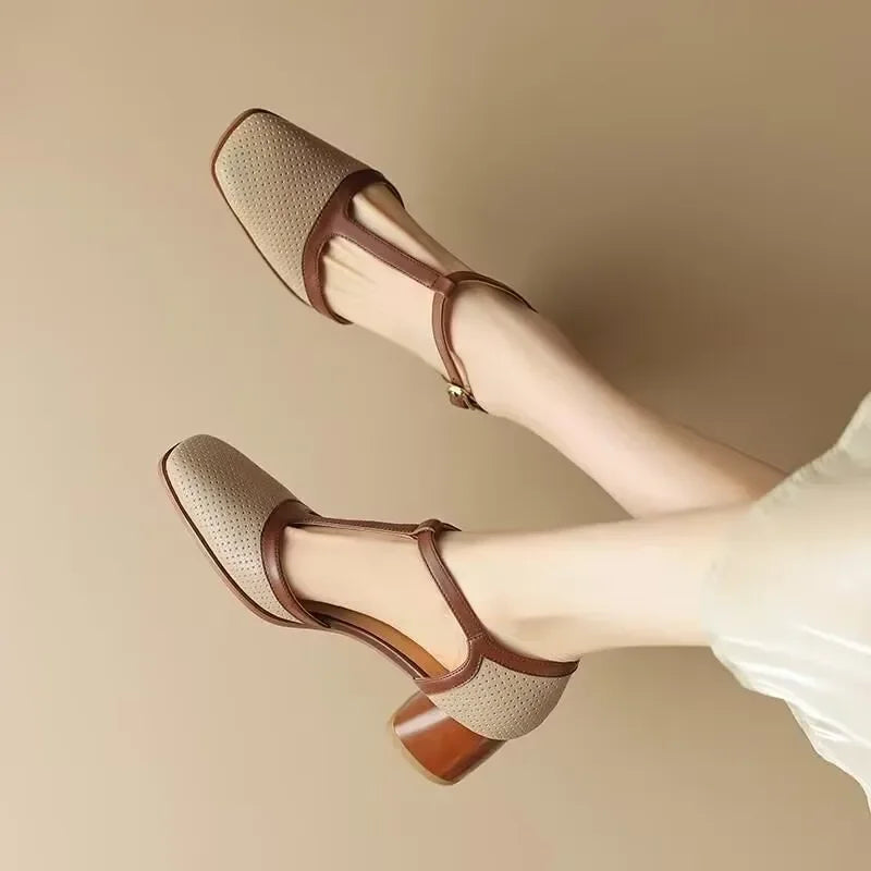 Square Toe T-Strap Block Heel Mid Heel Pumps