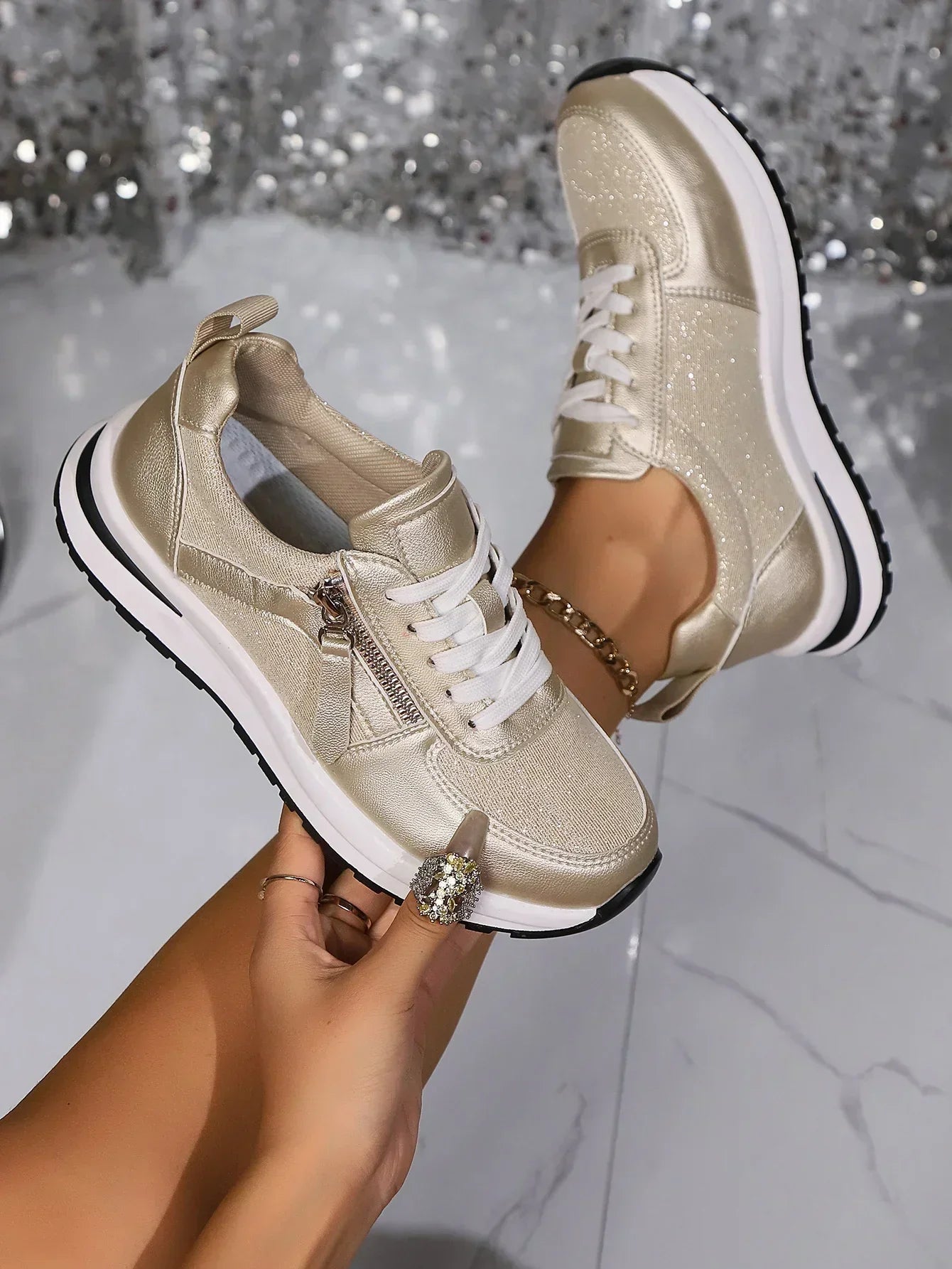 Sienna Metallic Lace-Up Platform Sneakers