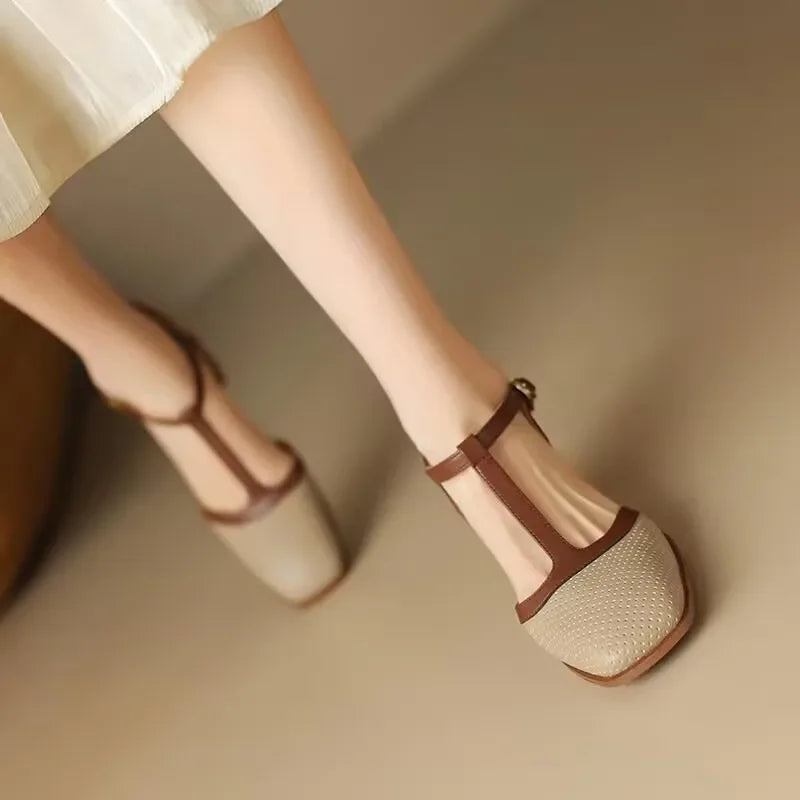 Square Toe T-Strap Block Heel Mid Heel Pumps