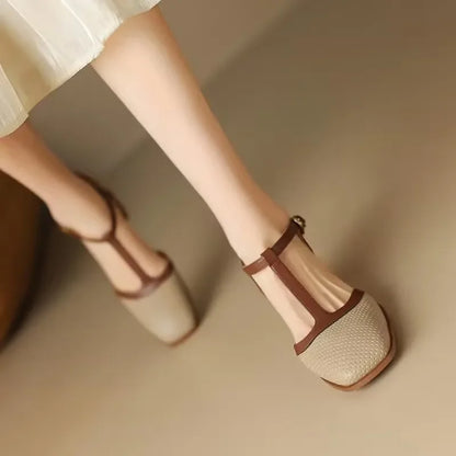 Square Toe T-Strap Block Heel Mid Heel Pumps