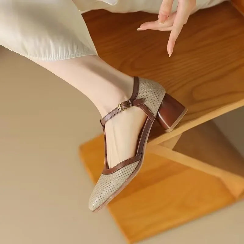Square Toe T-Strap Block Heel Mid Heel Pumps