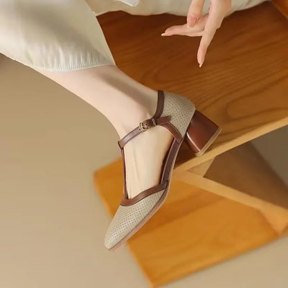 Square Toe T-Strap Block Heel Mid Heel Pumps
