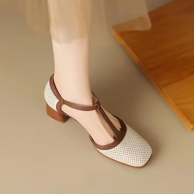 Square Toe T-Strap Block Heel Mid Heel Pumps
