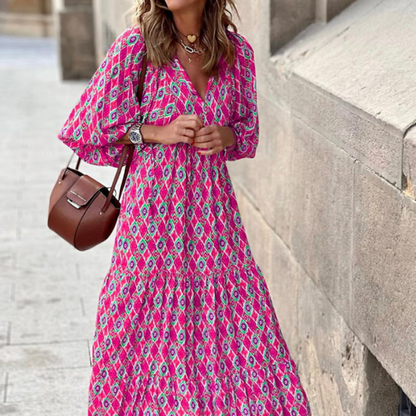 Puff Sleeve Boho Printed V-Neck Maxi Dress