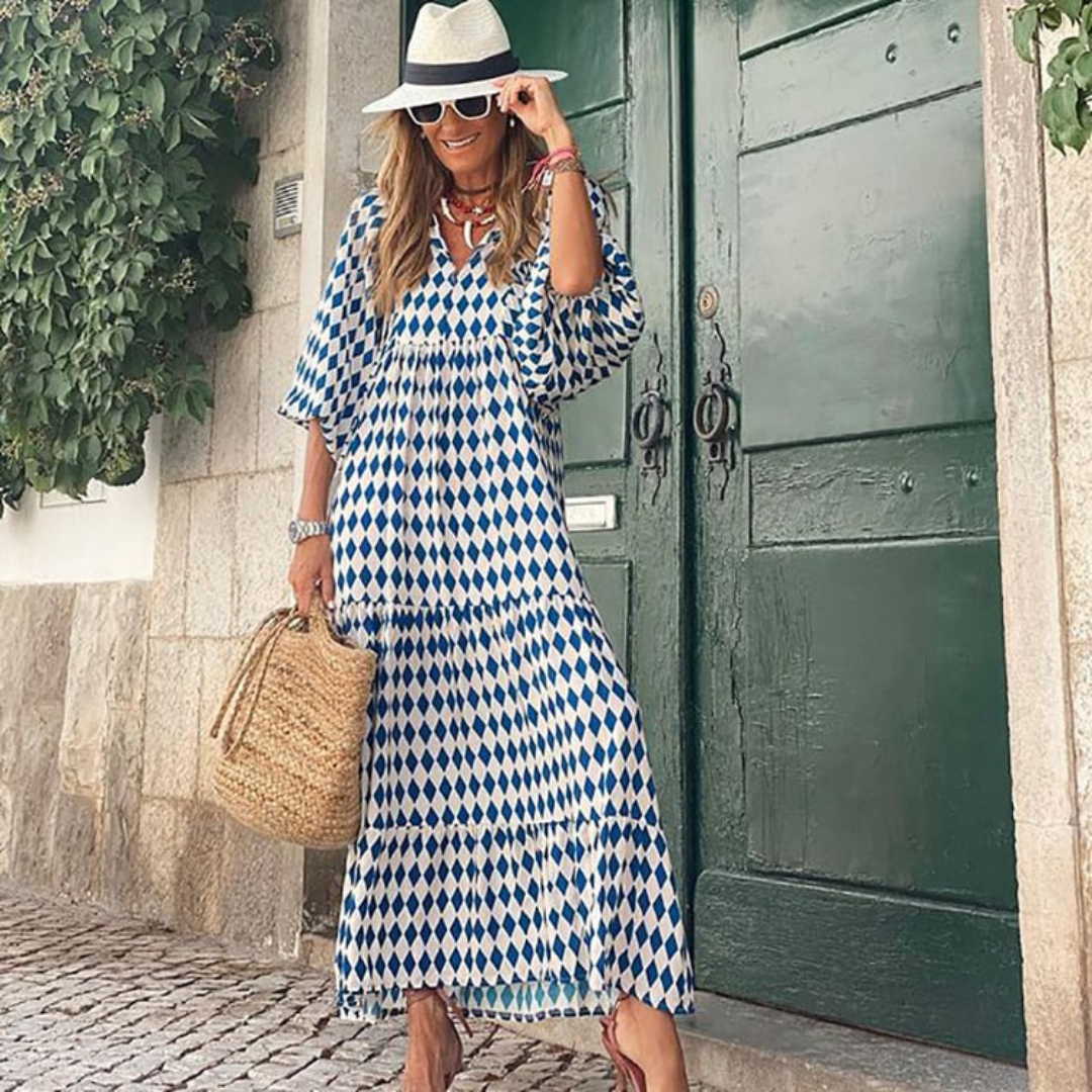 Puff Sleeve Boho Printed V-Neck Maxi Dress