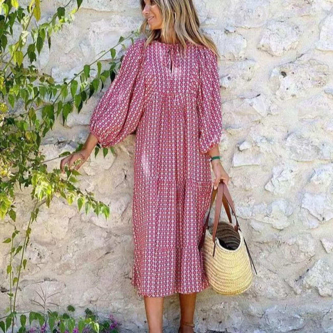 Puff Sleeve Boho Printed V-Neck Maxi Dress