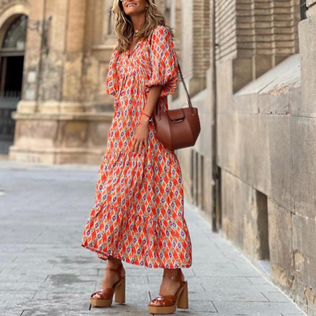 Puff Sleeve Boho Printed V-Neck Maxi Dress