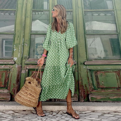 Puff Sleeve Boho Printed V-Neck Maxi Dress