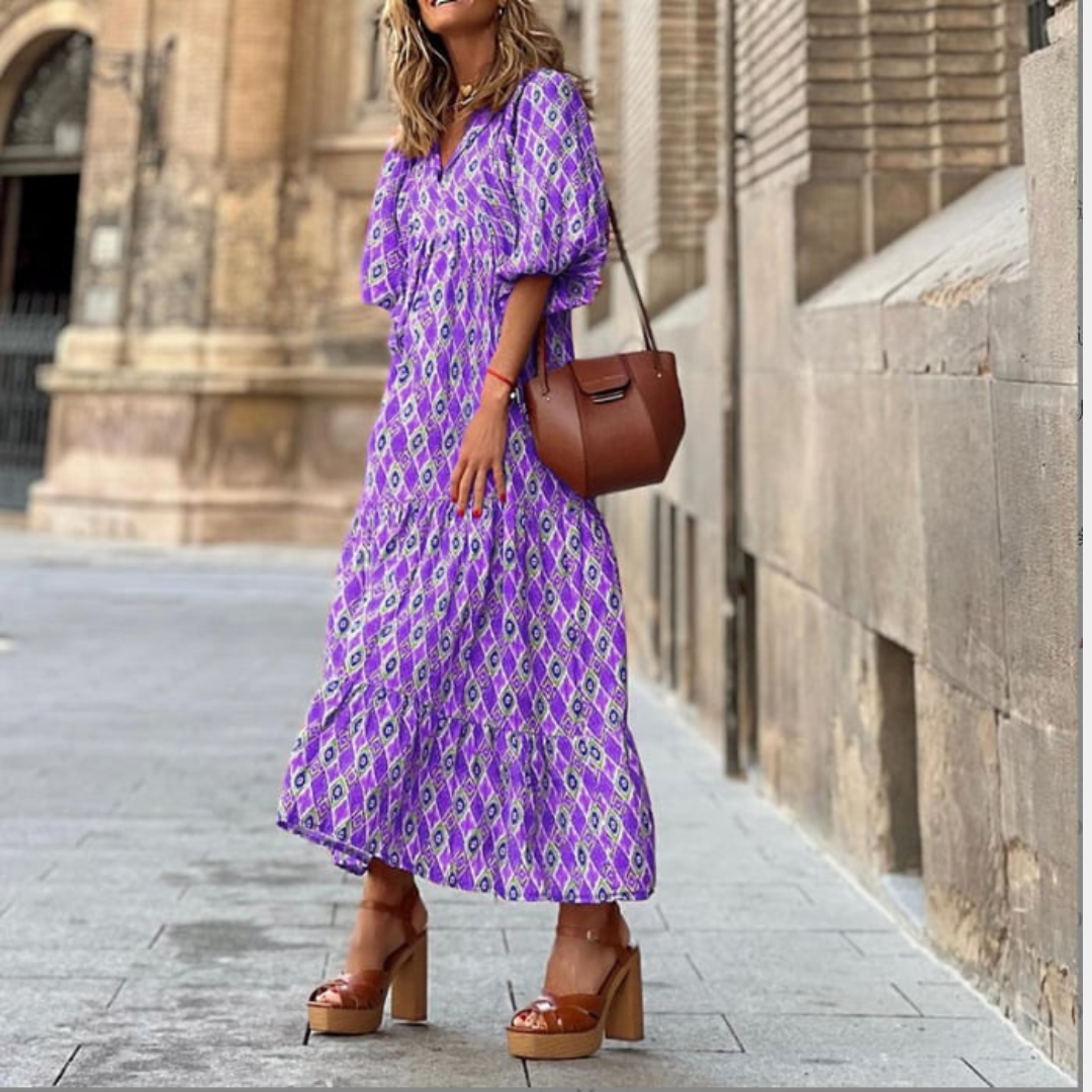 Puff Sleeve Boho Printed V-Neck Maxi Dress