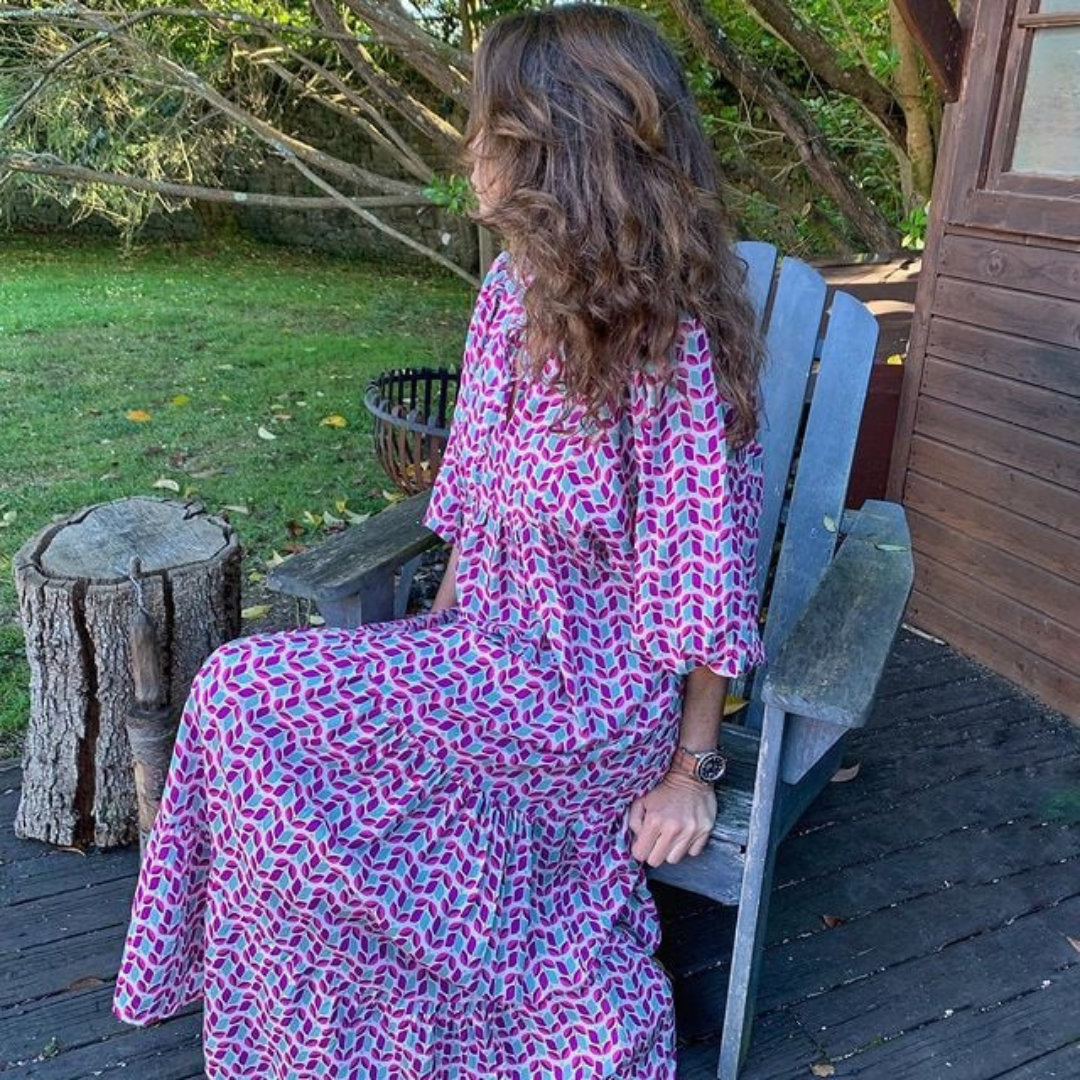 Puff Sleeve Boho Printed V-Neck Maxi Dress