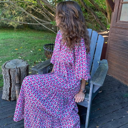 Puff Sleeve Boho Printed V-Neck Maxi Dress
