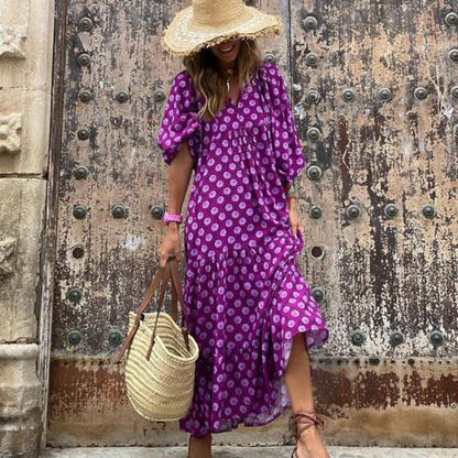 Puff Sleeve Boho Printed V-Neck Maxi Dress