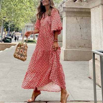 Puff Sleeve Boho Printed V-Neck Maxi Dress
