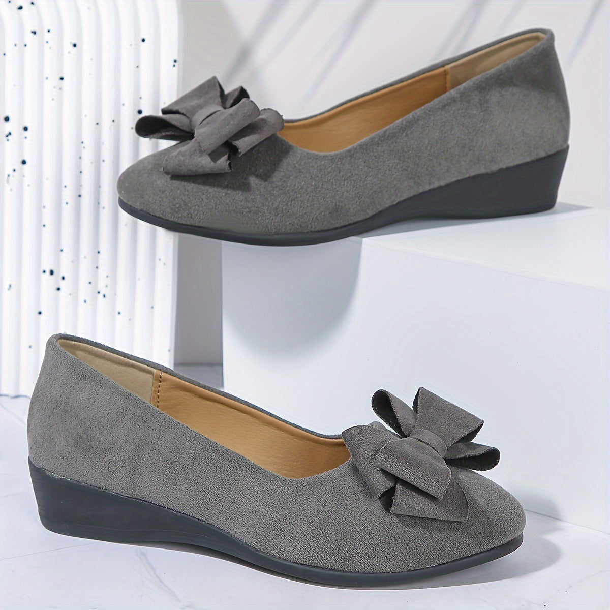 Suede Bow Detail Wedge Ballet Flats