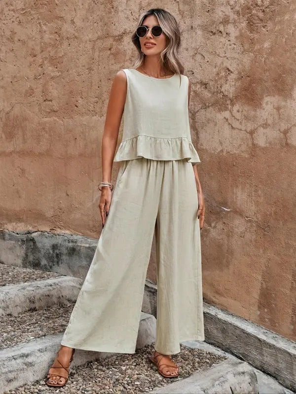 Sleeveless Ruffle Top & Wide Leg Pants Set