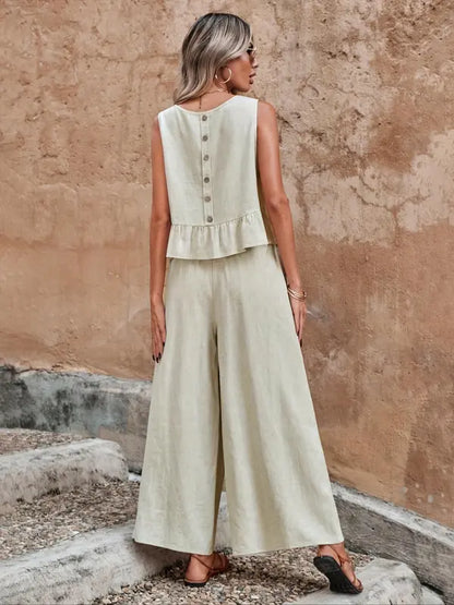 Sleeveless Ruffle Top & Wide Leg Pants Set