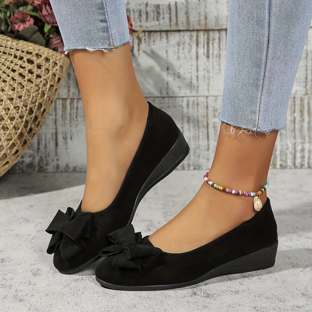Suede Bow Detail Wedge Ballet Flats