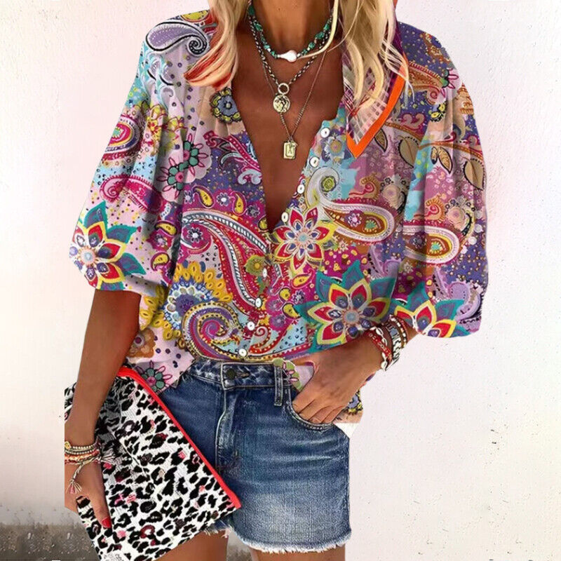 Boho Print Bell Sleeve V-Neck Blouse