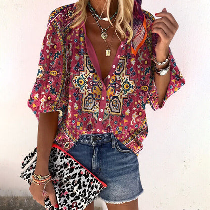 Boho Print Bell Sleeve V-Neck Blouse