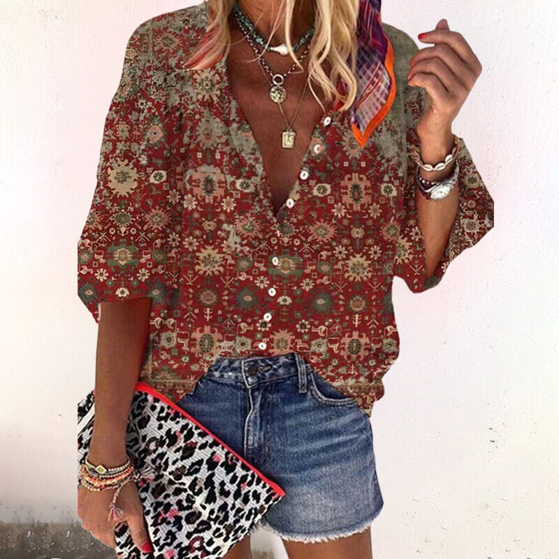 Boho Print Bell Sleeve V-Neck Blouse