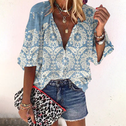 Boho Print Bell Sleeve V-Neck Blouse