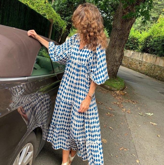 Puff Sleeve Boho Printed V-Neck Maxi Dress