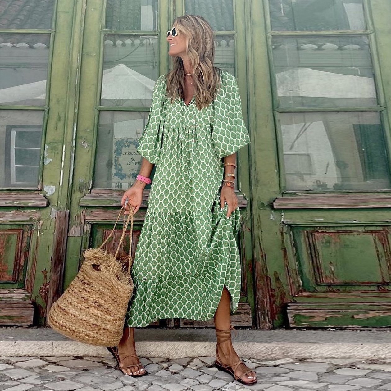 Puff Sleeve Boho Printed V-Neck Maxi Dress