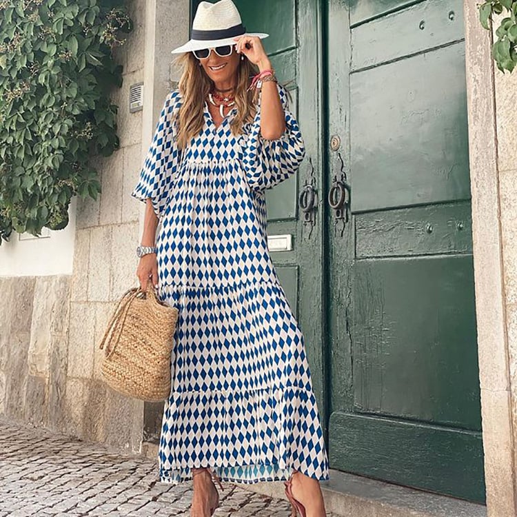 Puff Sleeve Boho Printed V-Neck Maxi Dress